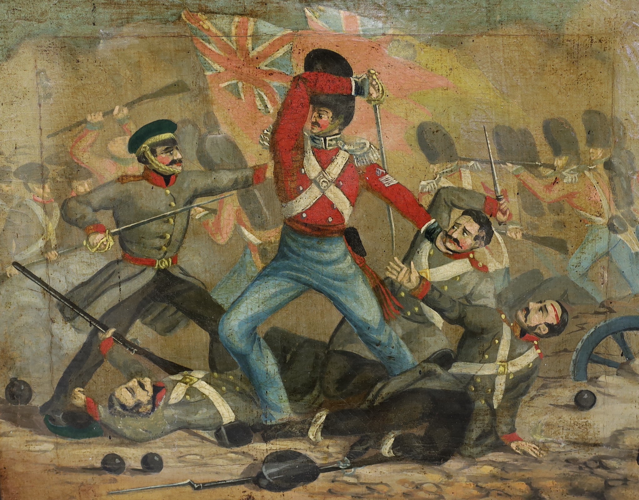 19th century English School, pair of overpainted prints on canvas, Scenes from the Crimea War, 33 x 40cm, unframed